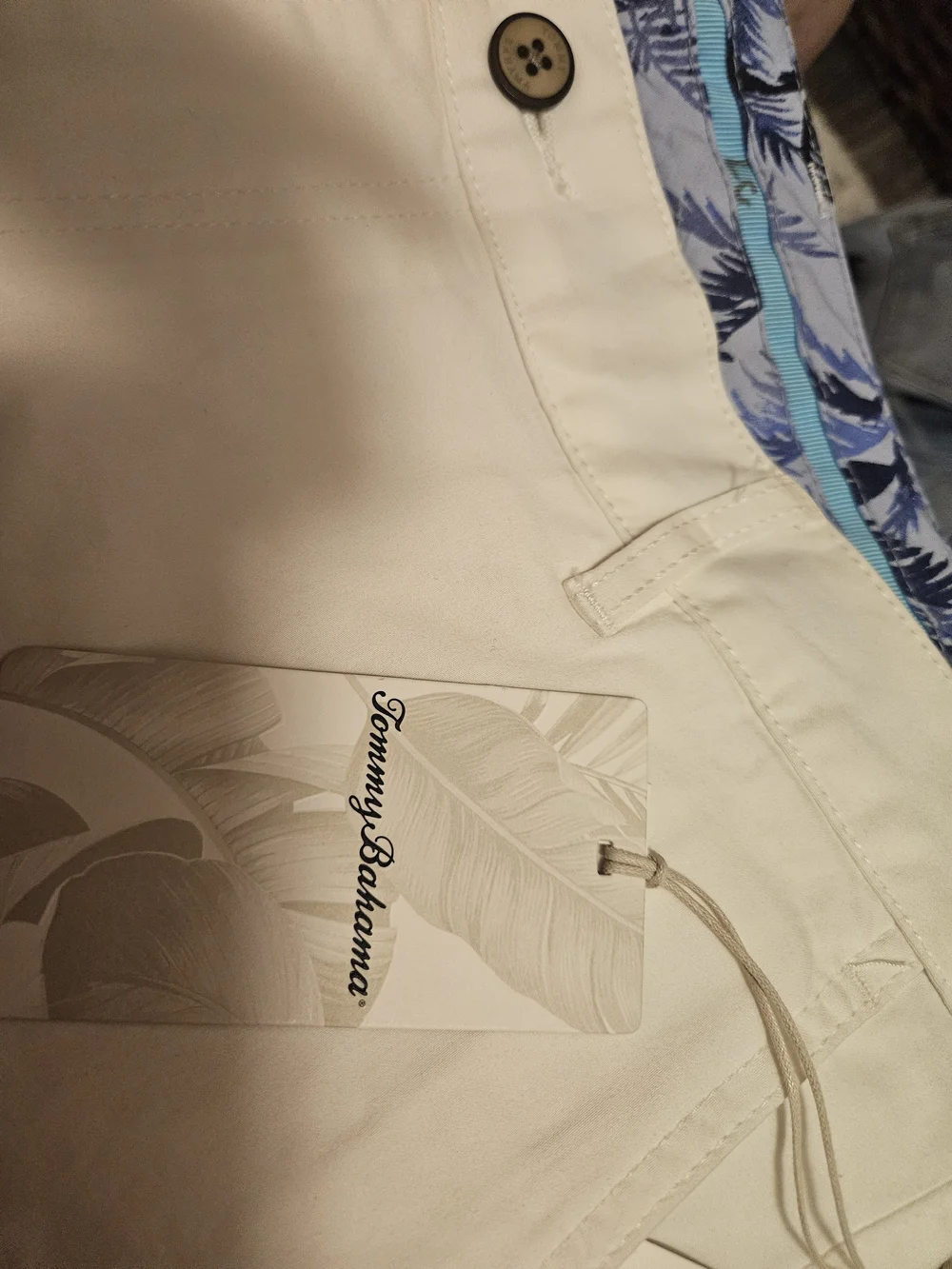 Tommy Bahama Cream Tote with Blue Patterned Trim and Aqua Ribbon